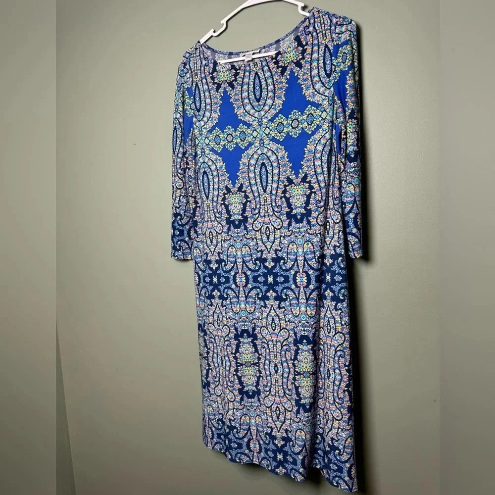 LONDON TIMES STRETCH BOHO SHIFT DRESS 3/4 LENGHT SLEEVE‎ SCOOP NECK SIZE 10